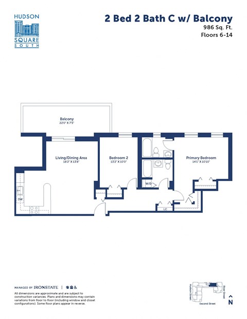 Floor plan for 2 beds, 2 baths, 986 sqft